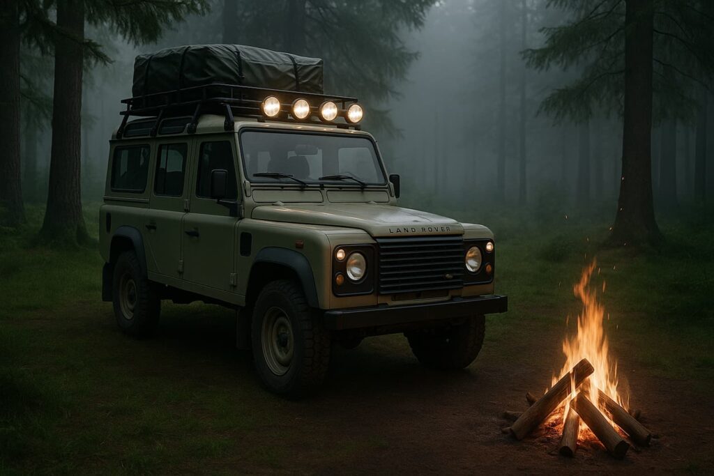 Land Rover Defender 110 with rooftop lights and camping gear beside a campfire