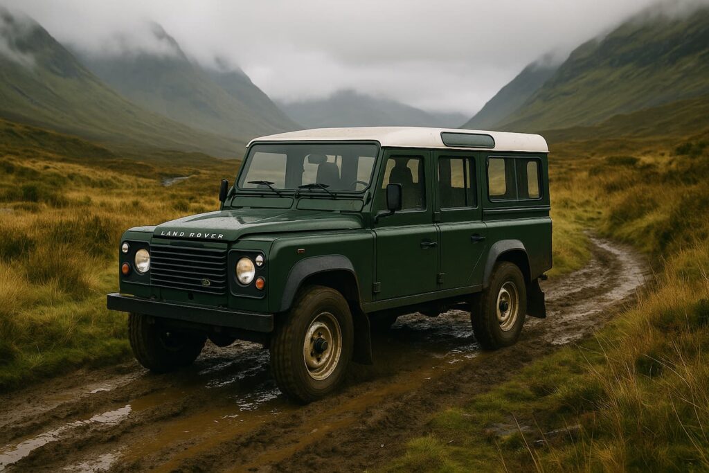 A classic green Land Rover Defender 110 driving on a trail in the mountains