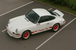 Drone view of a white Porsche 911 Carrera RS
