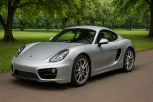 Silver Porsche Cayman parked on a paved road in a park