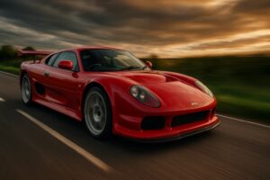 Noble M12 GTO speeding through a UK countryside road