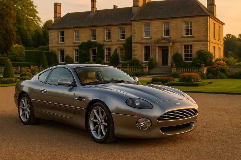 Aston Martin DB7 at sunset with classic style and soft reflections
