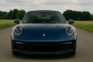 Front view of a blue Porsche 911 Carrera GTS