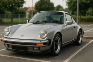 Close-up shot of a classic silver Porsche 911