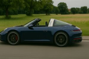 Deep blue Porsche 911 Targa on a countryside road