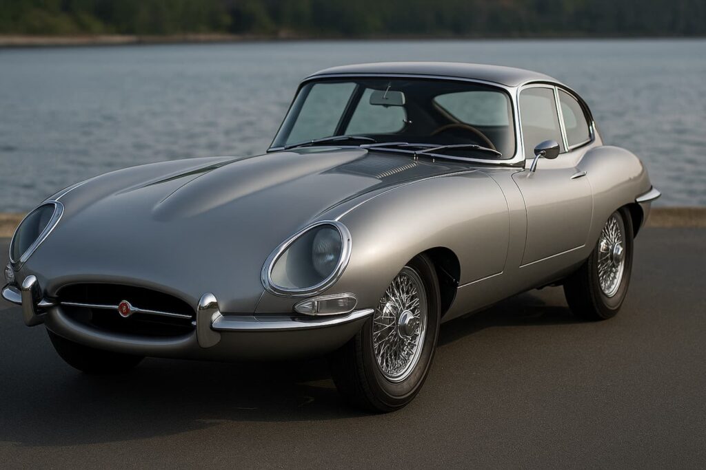 A classic Jaguar E-Type parked by the import shipping dock