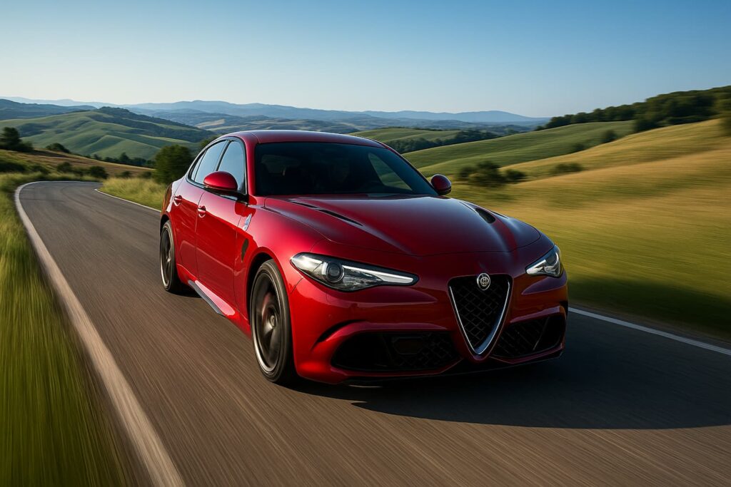 Alfa Romeo Giulia Quadrifoglio driving through Tuscany road