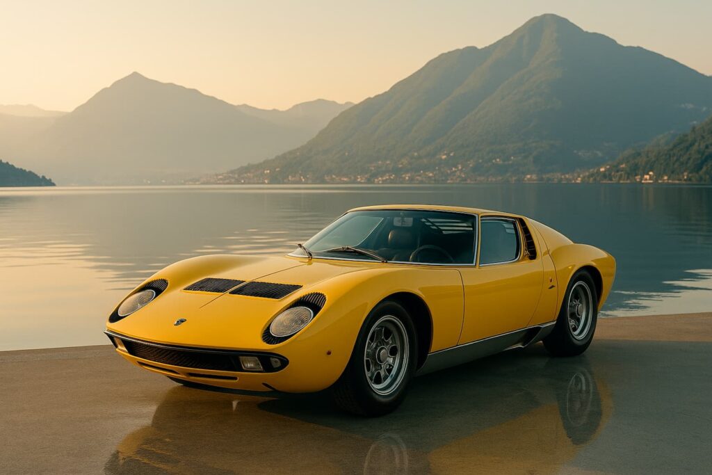 Yellow Lamborghini Miura near Lake Como with mountain backdrop at sunrise