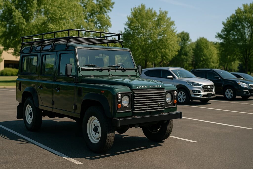 A dark green Land Rover Defender with roof rack surrounded by modern vehicles