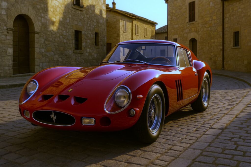 Ferrari 250 GTO in Italian village cobblestone street at golden hour