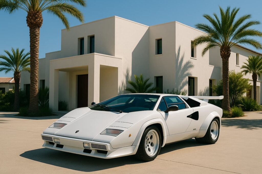 White Lamborghini Countach in front of modern Italian villa