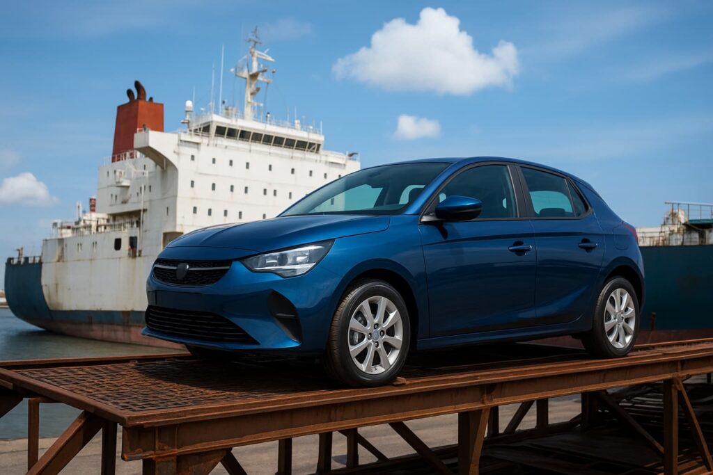 Blue compact car on a loading platform near a large white cargo ship at a port. 