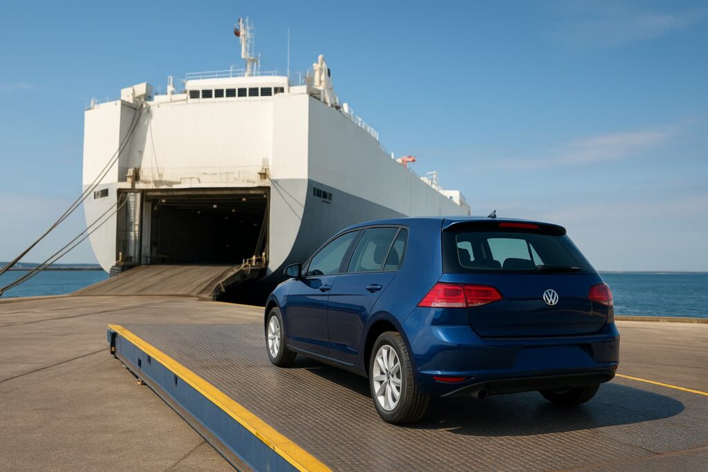 Blue Volkswagen Golf on a port ramp facing a large white cargo ship with its loading bay open. 