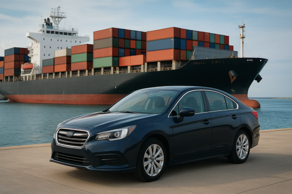 A dark blue sedan parked near a dock with a large cargo ship carrying colorful shipping containers in the background.
