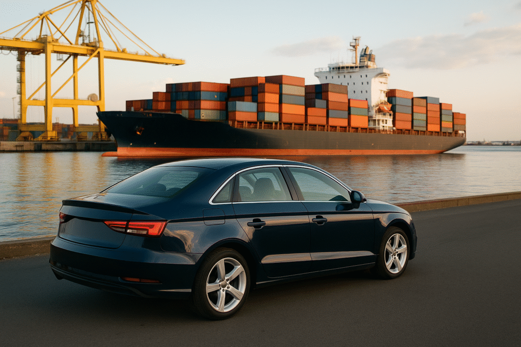 A dark blue sedan parked near a shipping port at sunset with a cargo ship and cranes in the background.
