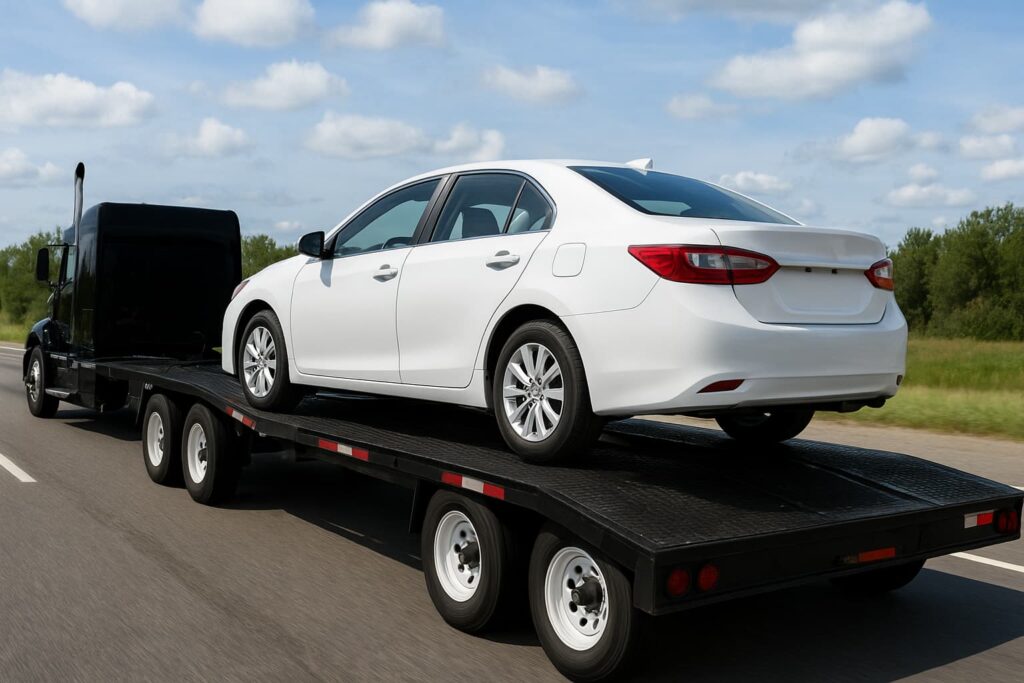 White sedan on a black car carrier trailer hauled by a black semi-truck driving along a highway with trees and blue sky in the background.
