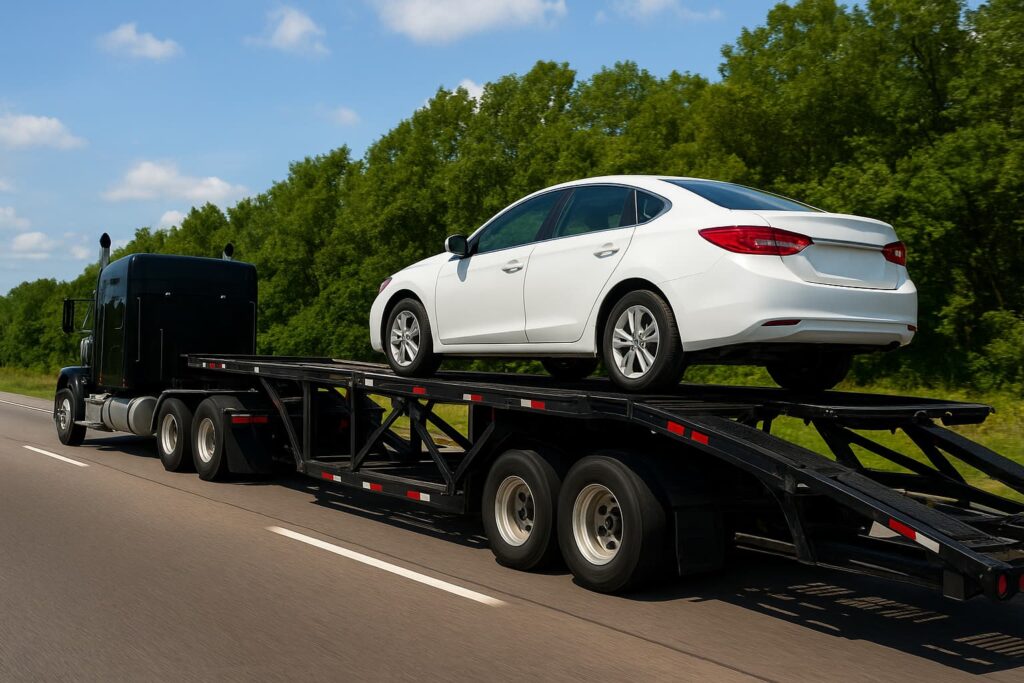 White sedan on a black car carrier trailer pulled by a black semi-truck traveling on a highway with green trees and blue sky in the background.
