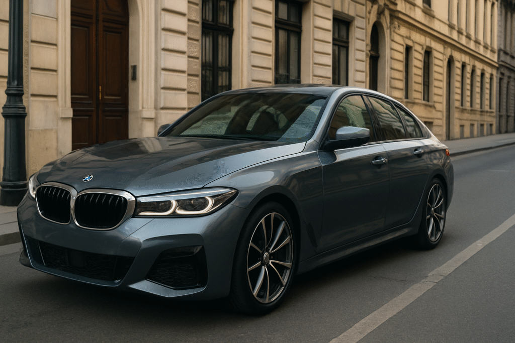 A metallic gray BMW sedan parked on a European city street with classic stone buildings in the background.