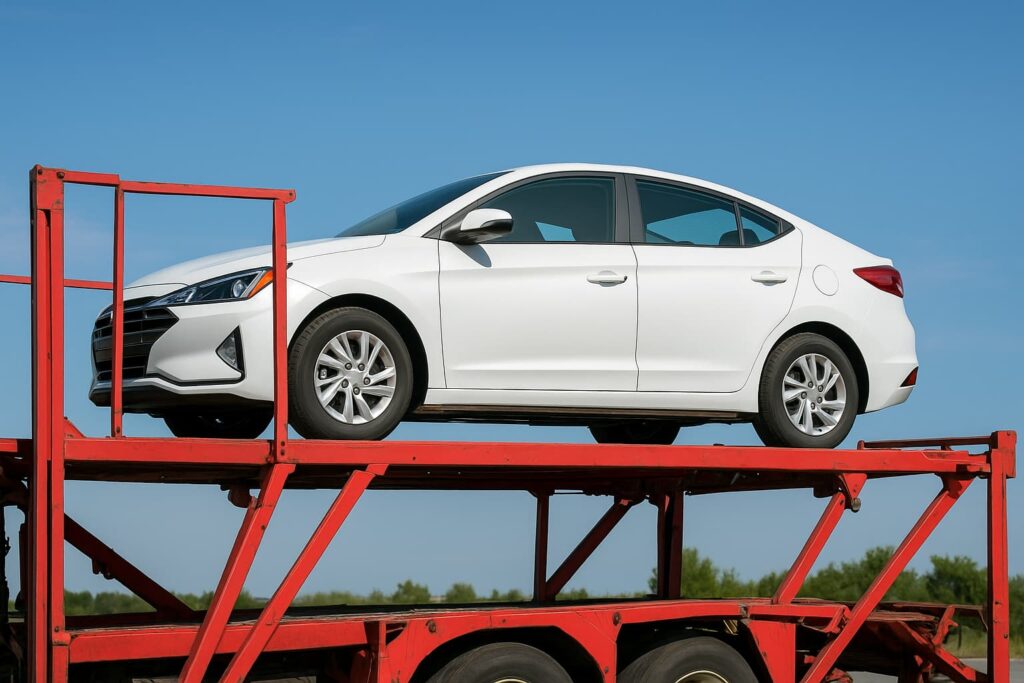 White sedan secured on the upper deck of a red car carrier against a clear blue sky.
