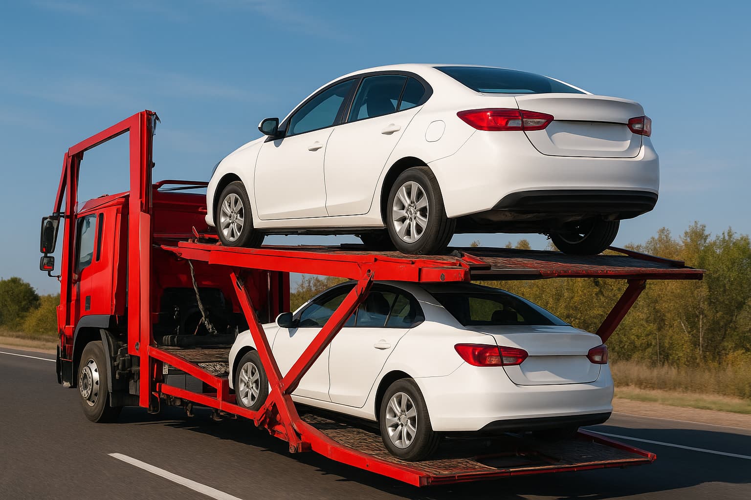Red car carrier truck transporting two white sedans on a highway with trees in the background.
