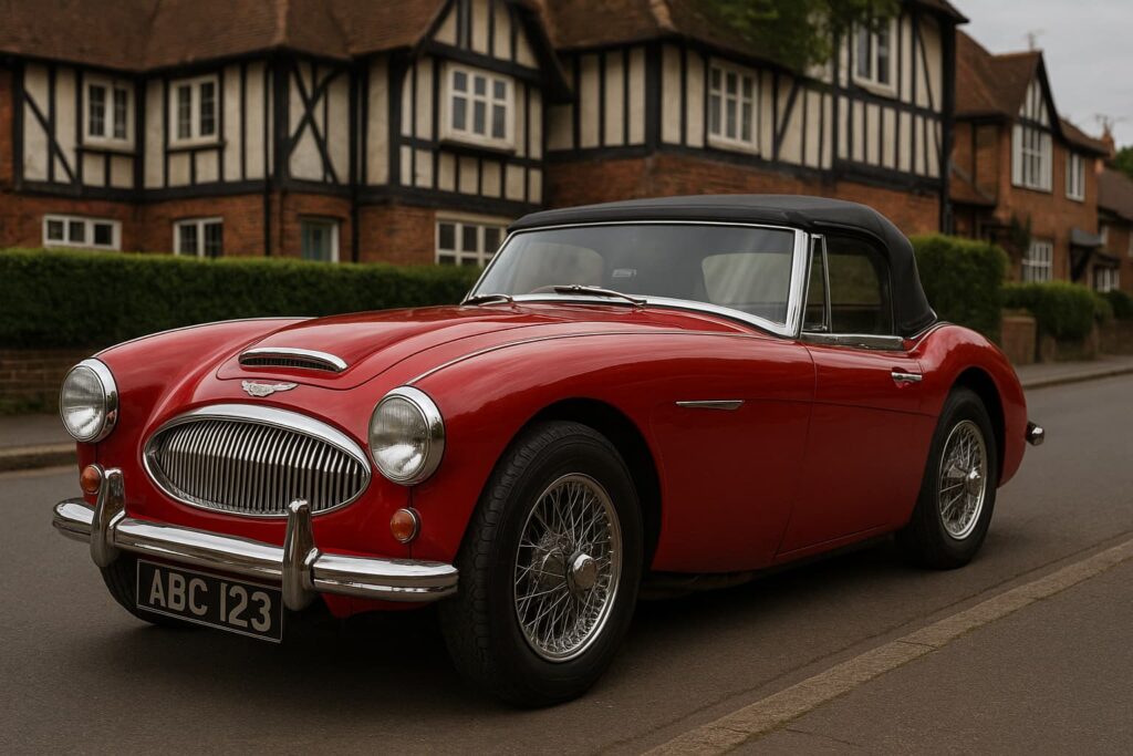 A red Austin-Healey 3000 classic car parked on a quiet UK street with Tudor-style houses in the background.