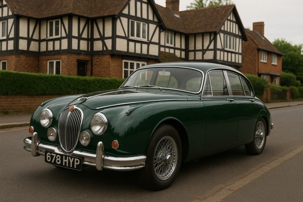A green Jaguar Mark 2 classic car parked on a UK street with Tudor-style houses in the background.