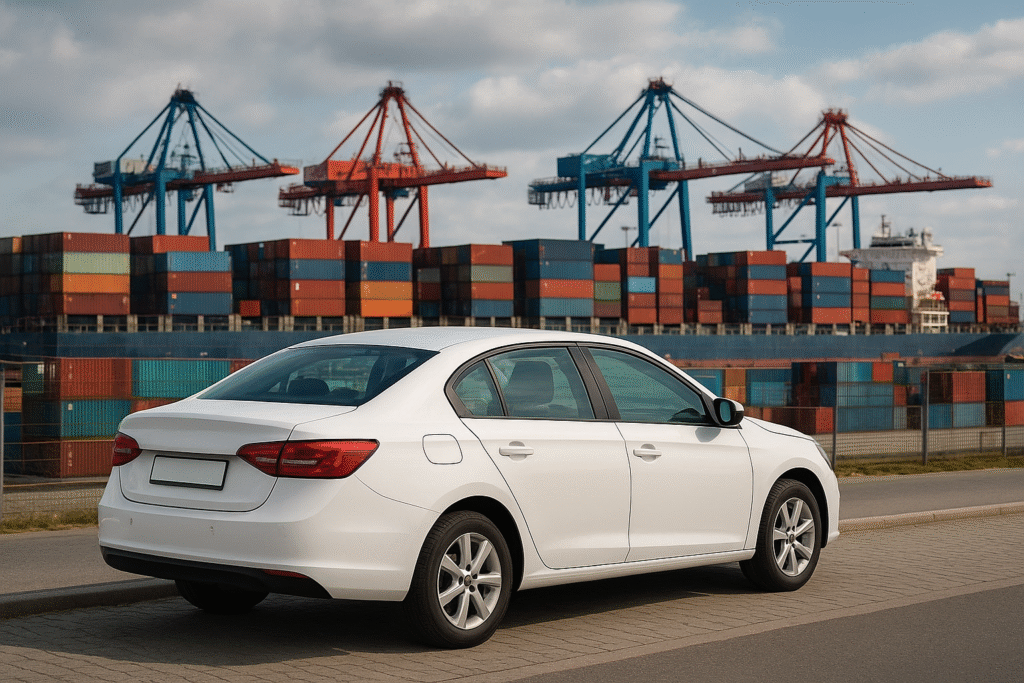 White sedan parked near a shipping port with stacked containers and cranes in the background.