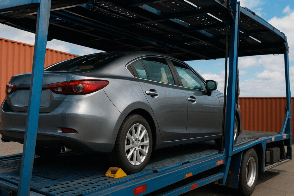 Gray sedan secured on a blue car carrier trailer near shipping containers.