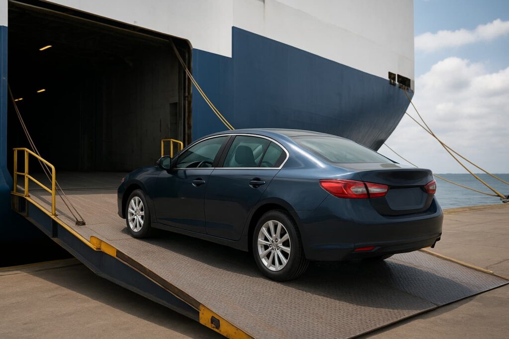 A dark blue sedan is being loaded onto a large car carrier ship via a metal ramp at the port. 