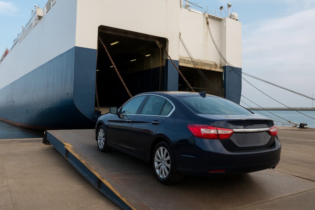 A dark blue sedan is driving up a ramp into a large cargo ship at a port. 