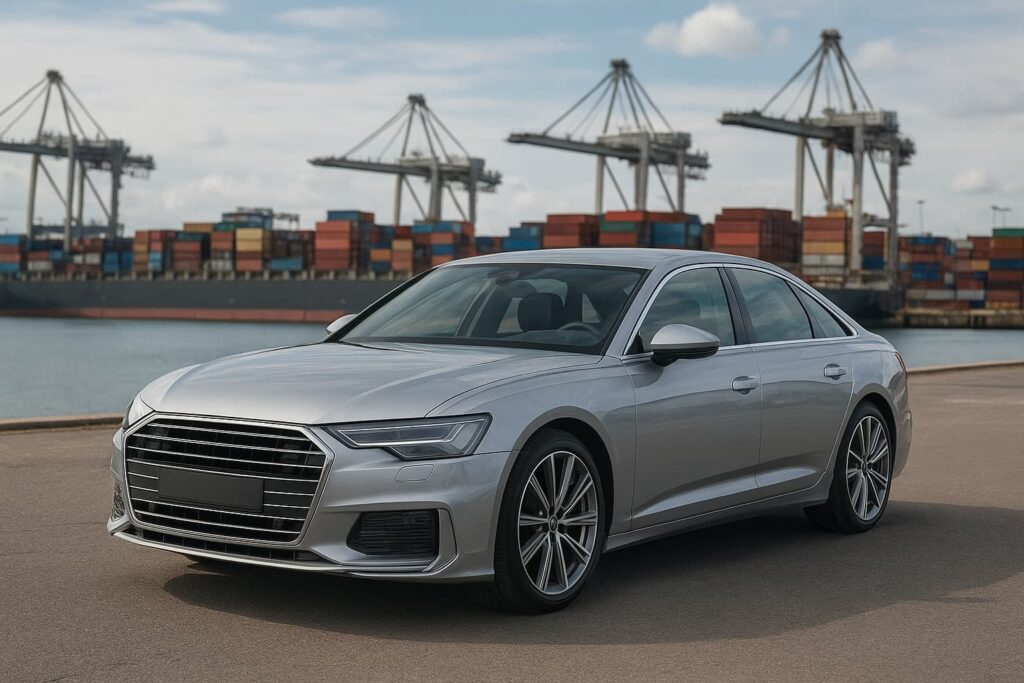 A silver sedan parked at a shipping port with cranes and stacked cargo containers in the background.