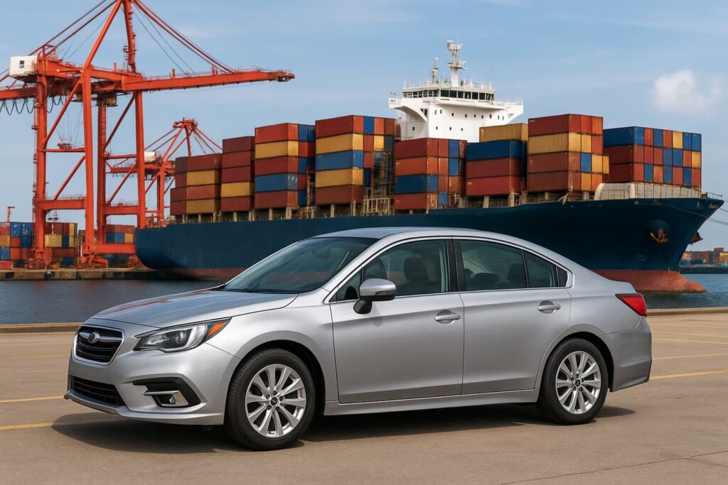 A silver sedan parked near a shipping port with a large cargo ship, stacked containers, and red cranes in the background.
