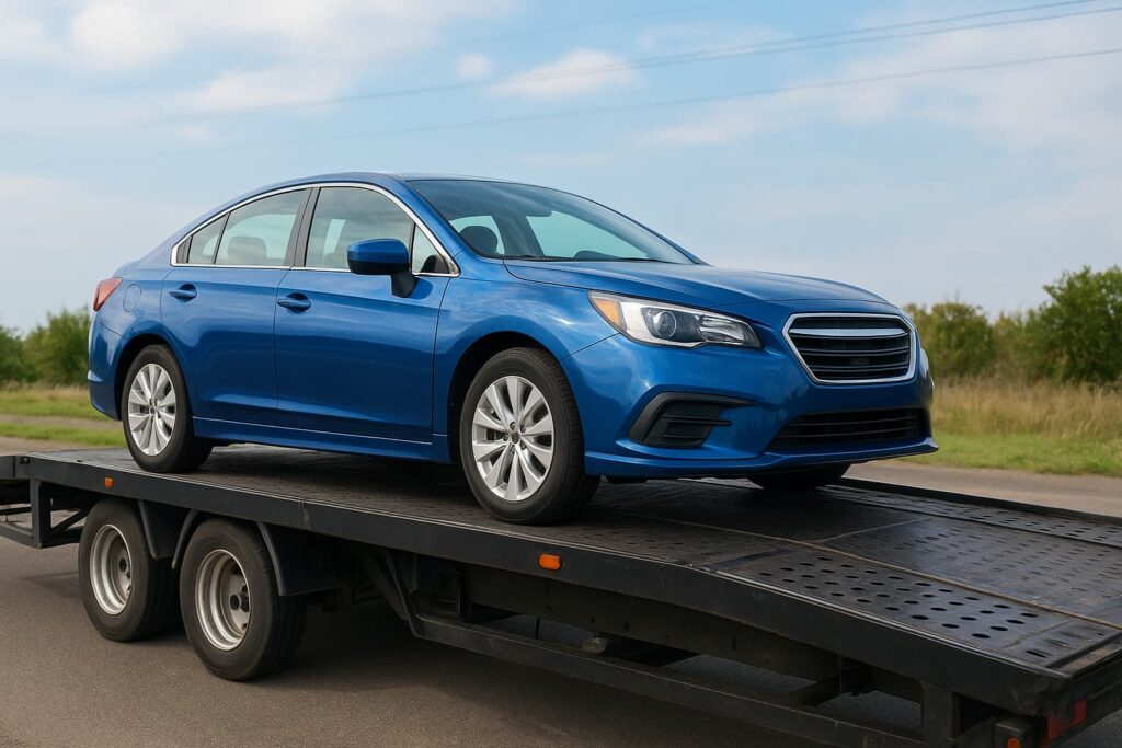 A blue sedan secured on a flatbed trailer ready for car shipping on a clear day.