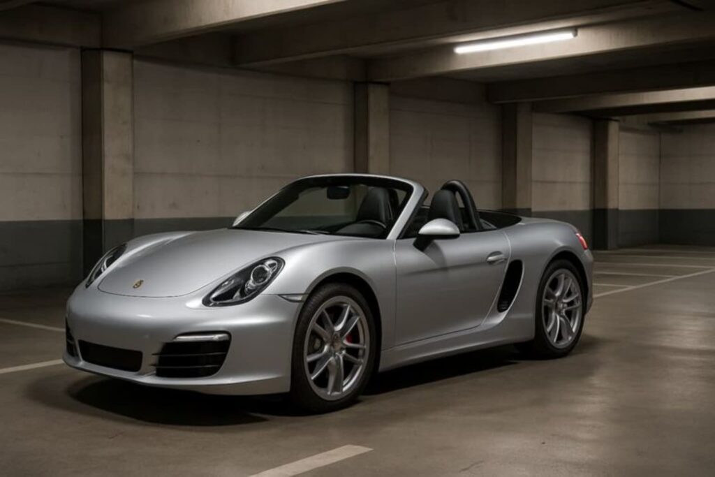 A silver convertible sports car parked in a clean, dimly lit underground garage, representing luxury vehicles often transported by top car shipping companies in the US.