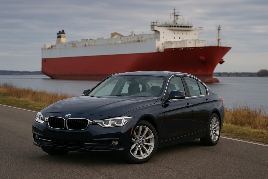 A dark blue BMW sedan parked on a road near a harbor with a red cargo ship in the background under a cloudy sky.