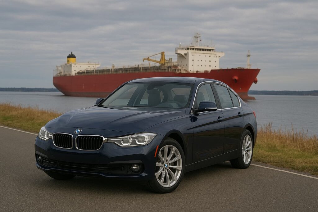 A metallic blue BMW sedan parked beside a harbor road with a large red cargo ship in the background under cloudy skies.
