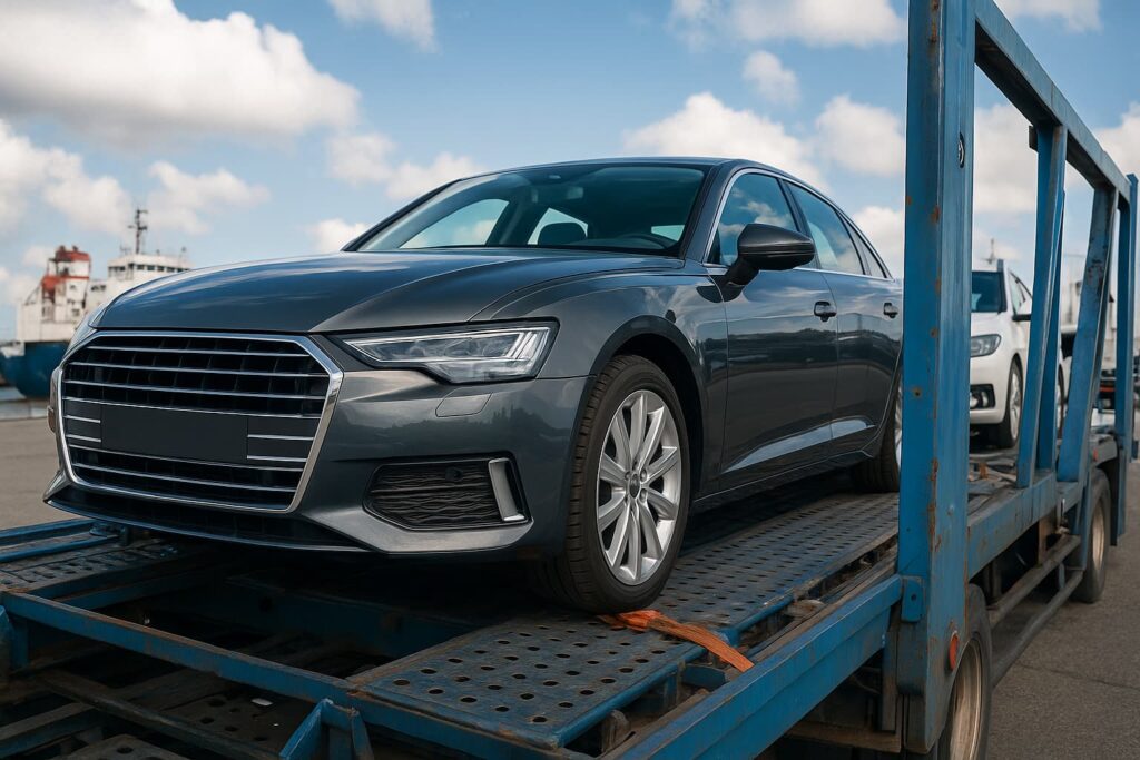 A dark gray sedan secured on a blue car carrier near a docked cargo ship under a partly cloudy sky. 