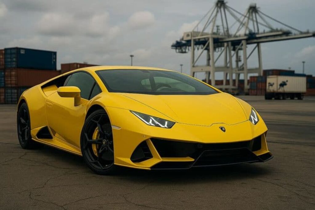 A bright yellow Lamborghini sports car parked on an industrial port lot, with large shipping cranes and stacked containers in the background, suggesting international vehicle transport.