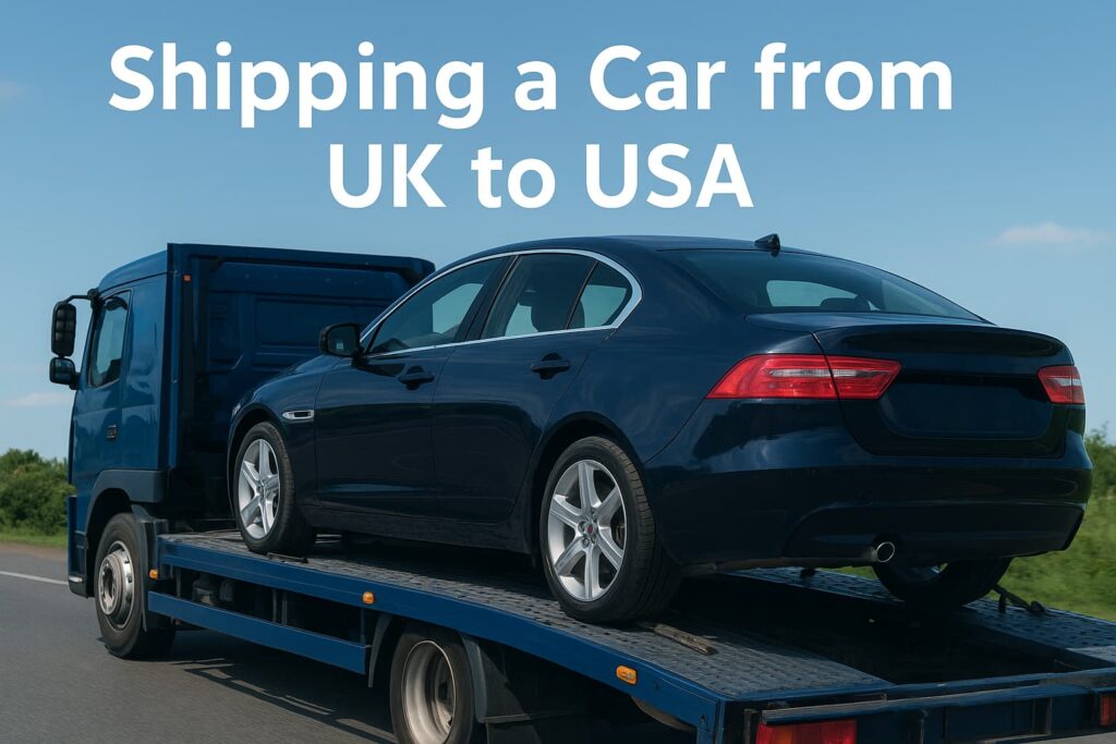 A dark blue sedan secured on a blue car carrier truck traveling on a highway under a clear sky.
