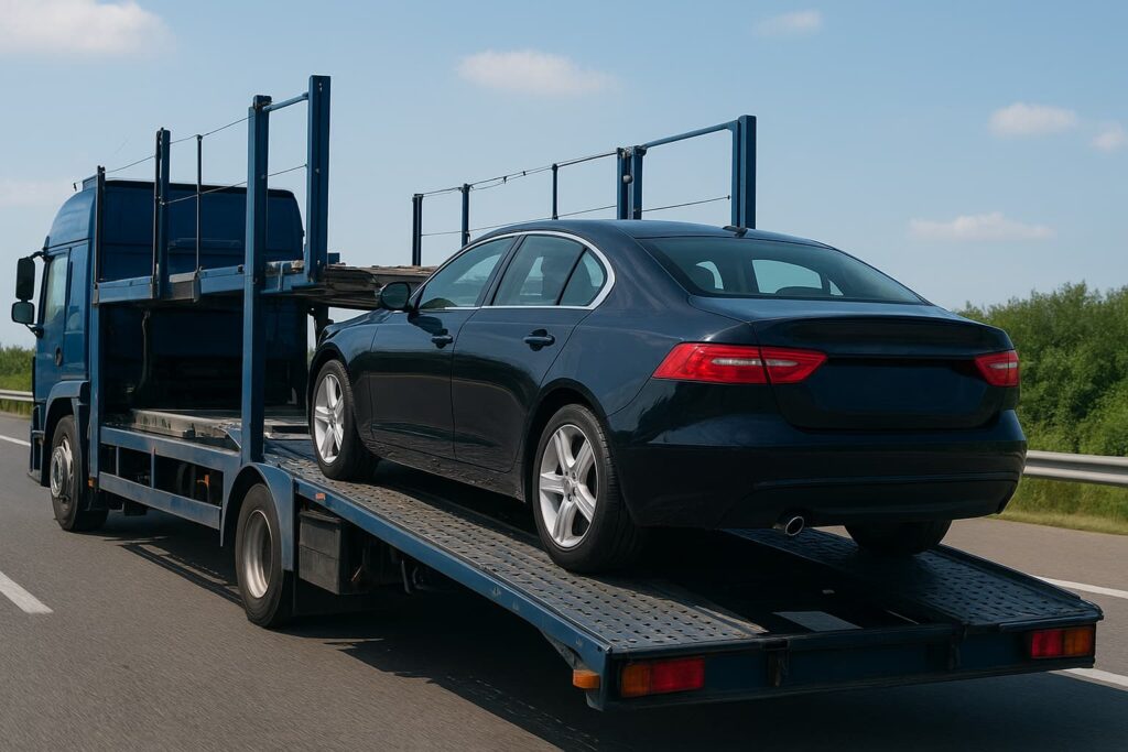 A dark blue luxury sedan being transported on a blue car carrier truck along a highway under clear skies.