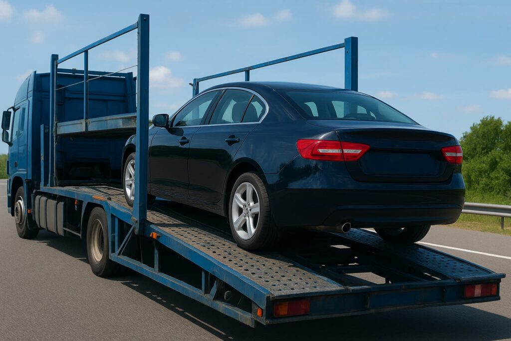 A dark blue sedan loaded on a blue car carrier truck driving along a road under a bright sky.
